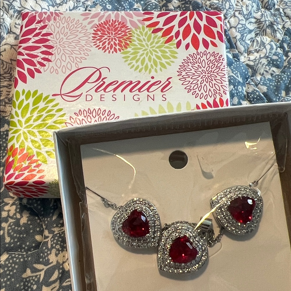 Premier Designs Silver Necklace with Red Heart Stone Earrings